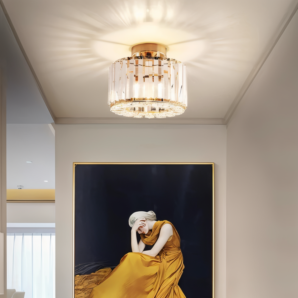 Minimalistisk rund taklampa, modern design för stilfull belysning i vardagsrum.