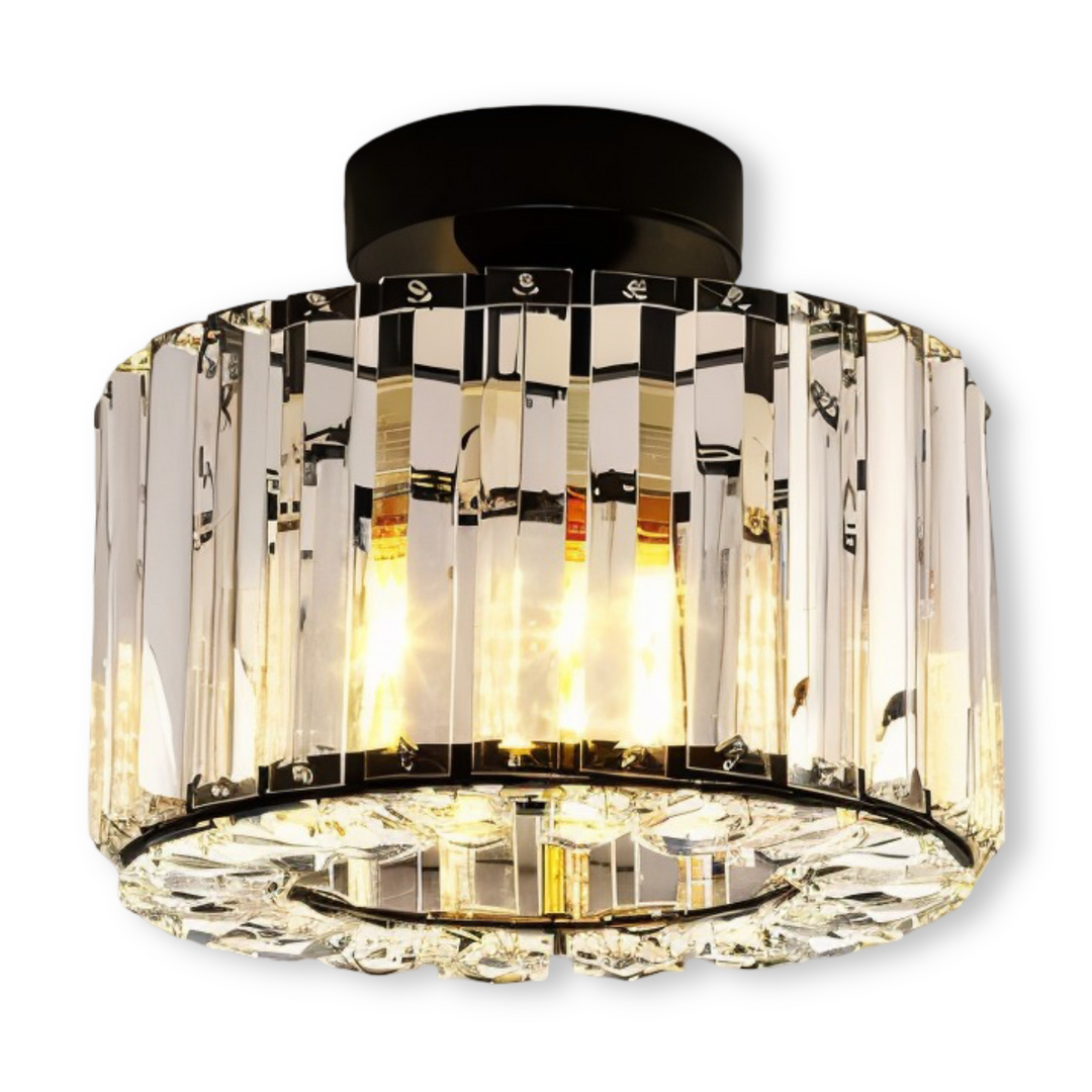 Rund taklampa med halvinkapslad design, perfekt som elegant vardagsrumsbelysning.