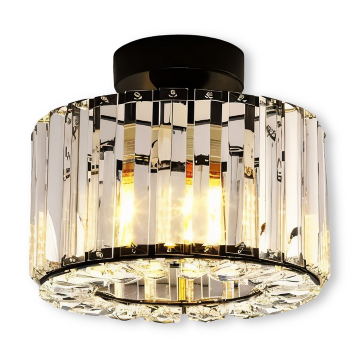 Rund taklampa med halvinkapslad design, perfekt som elegant vardagsrumsbelysning.