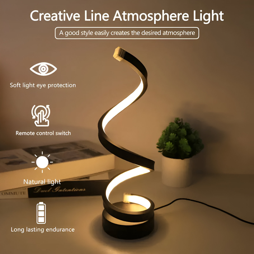 Varmt, justerbart LED-ljus från spiral bordslampa, dimbar för att skapa mysig inomhusbelysning.