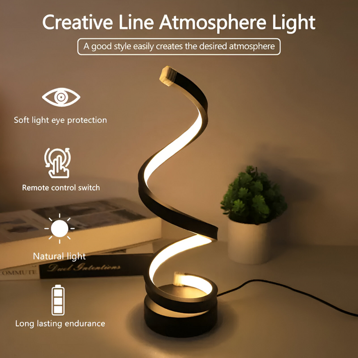 Varmt, justerbart LED-ljus från spiral bordslampa, dimbar för att skapa mysig inomhusbelysning.