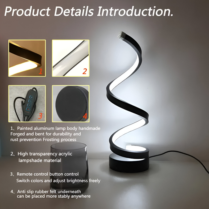 Designlampa med modern spiral LED, justerbart ljus för hemmakontoret och dimbar för avkopplande stunder.