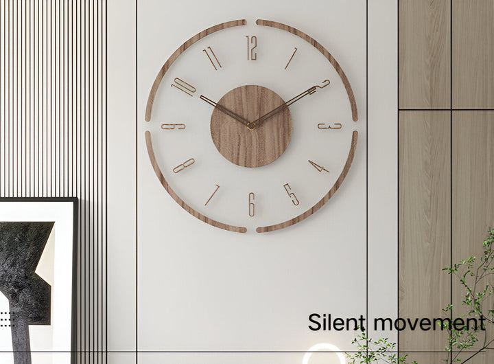 Väggklocka modern design, transparent akryl & trä. Tyst klocka som inredningsdetalj.