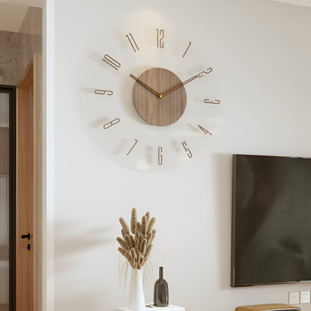 Modern designklocka: tyst transparent väggklocka i akryl & trä. Perfekt för kontoret.