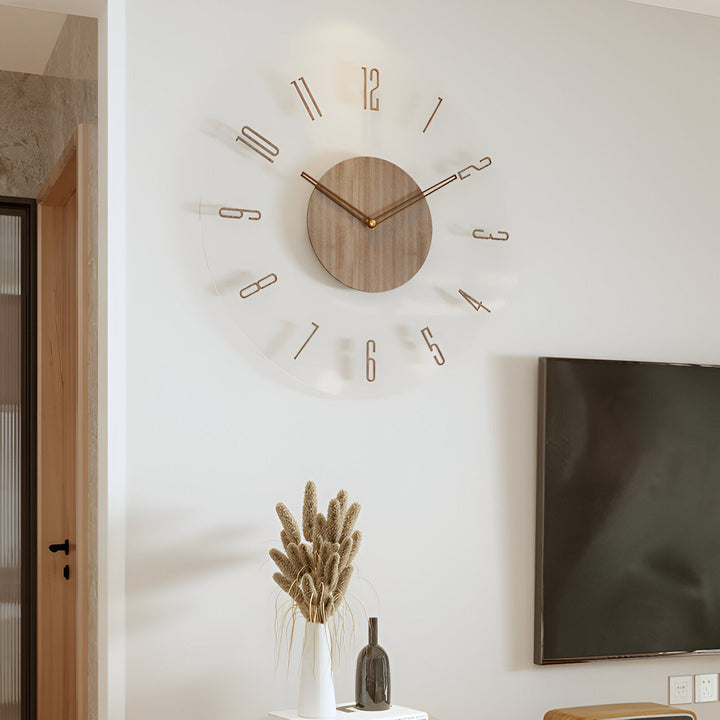 Modern designklocka: tyst transparent väggklocka i akryl & trä. Perfekt för kontoret.