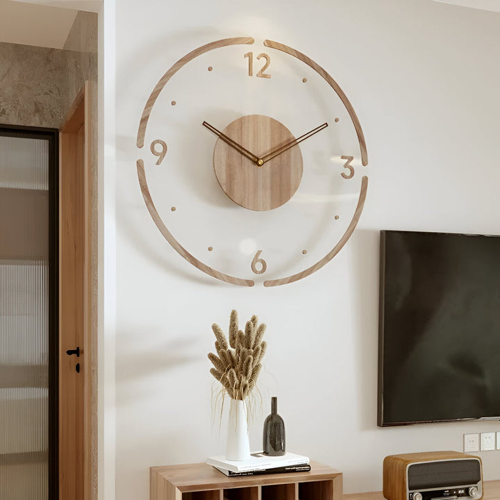 Väggklocka i modern design: transparent akryl & trä. Tyst och dekorativ för ditt hem.