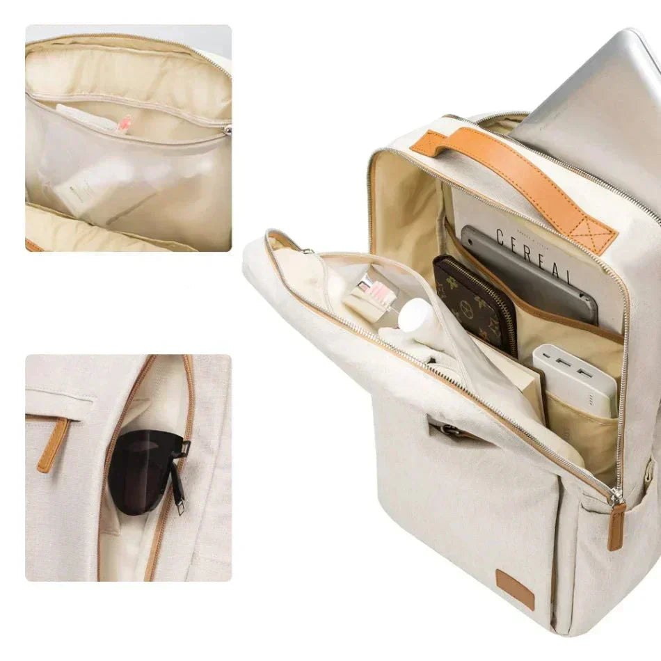 Detaljvy: Ryggsäckens interiör med vadderat laptopfack, USB-kabel & organiserade fack för teknik.
