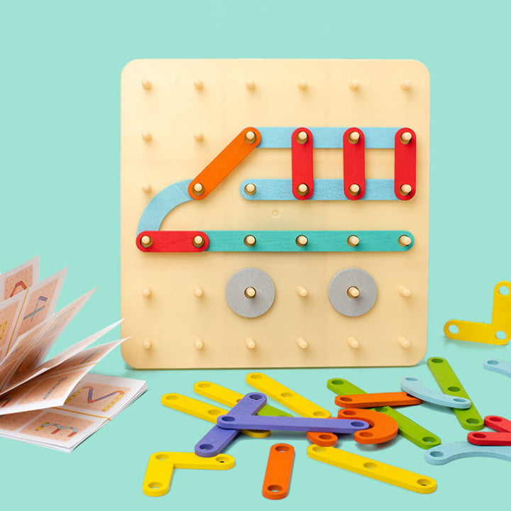 "Montessori pegboard pussel i trä, färgglada bitar i olika former, pedagogisk leksak för barns kreativitet och lärande."
