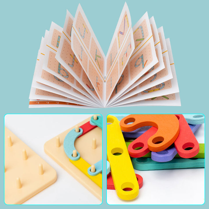 "Montessori pegboard pussel i trä, färgglada bitar i olika former, pedagogisk leksak för barns kreativitet och lärande."