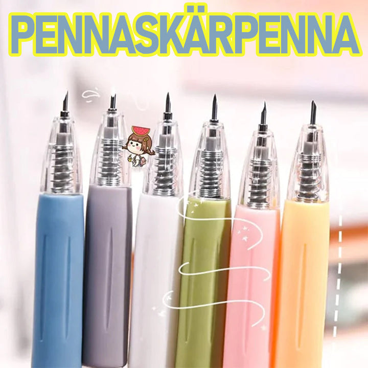"Morandi färgad knivpenna med tecknat mönster, pennformad pappersskärare i plast, flera färgalternativ, 142mm lång."