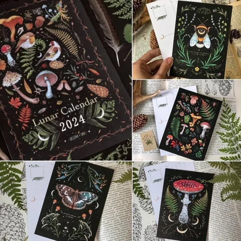 "Mörk Skog Månkalender 2024 med magiska illustrationer av skogsvarelser och botaniska motiv."