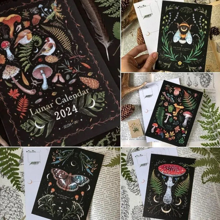 "Mörk Skog Månkalender 2024 med magiska illustrationer av skogsvarelser och botaniska motiv."