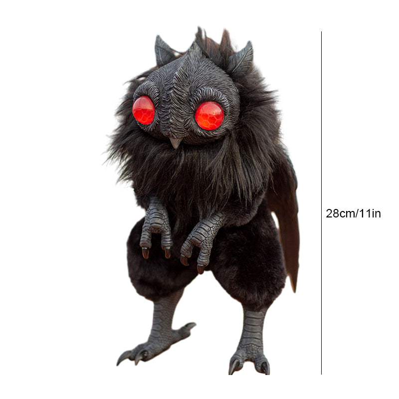 "Mothman rörlig figurin med svarta vingar och detaljerad syntetisk päls, perfekt för samlare av det mystiska."