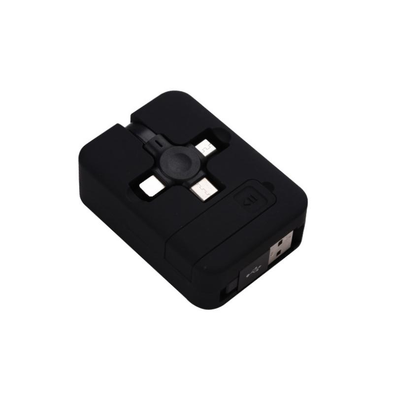 "Multifärgad 3-i-1 laddningsadapter, kompakt och flexibel design, passar iOS, Micro USB, Typ C, perfekt för resenärer."