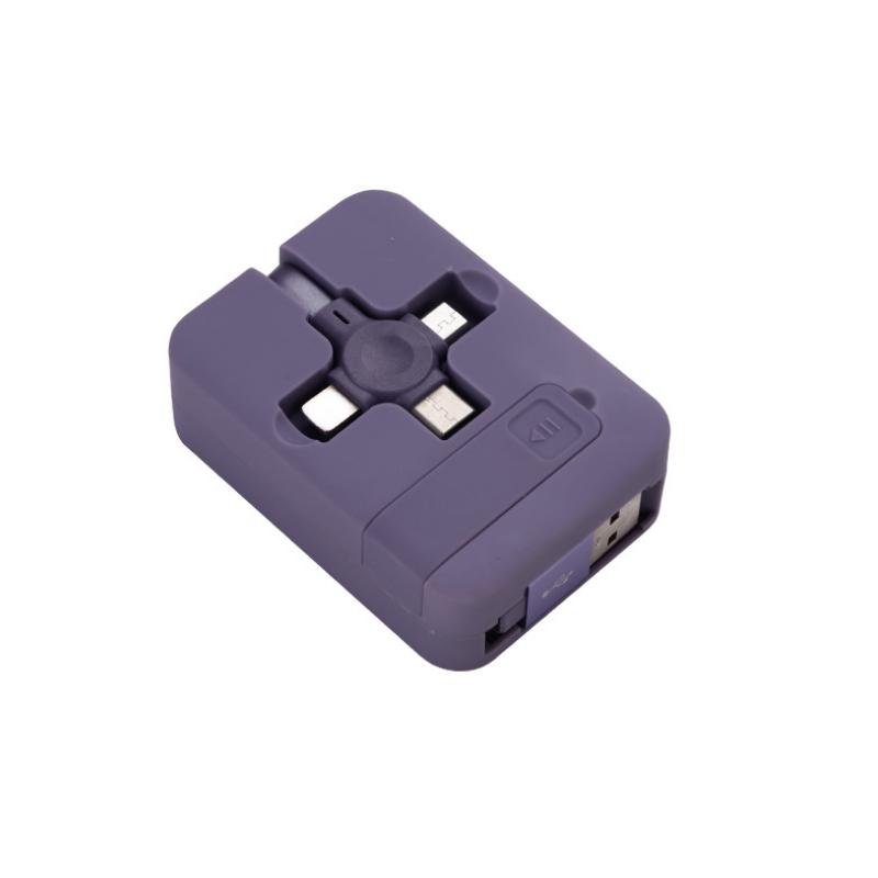 "Multifärgad 3-i-1 laddningsadapter, kompakt och flexibel design, passar iOS, Micro USB, Typ C, perfekt för resenärer."