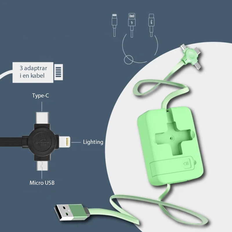 "Multifärgad 3-i-1 laddningsadapter, kompakt och flexibel design, passar iOS, Micro USB, Typ C, perfekt för resenärer."