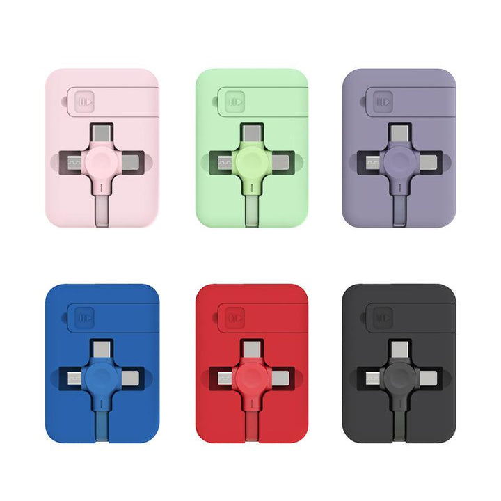 "Multifärgad 3-i-1 laddningsadapter, kompakt och flexibel design, passar iOS, Micro USB, Typ C, perfekt för resenärer."