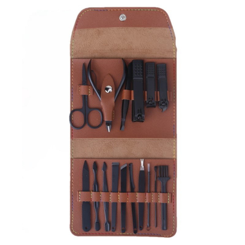 "Multifunktionell bärbar nagelklippare set i rostfritt stål, i gul, rosa, grön och blå, med elegant PU-läderfodral."