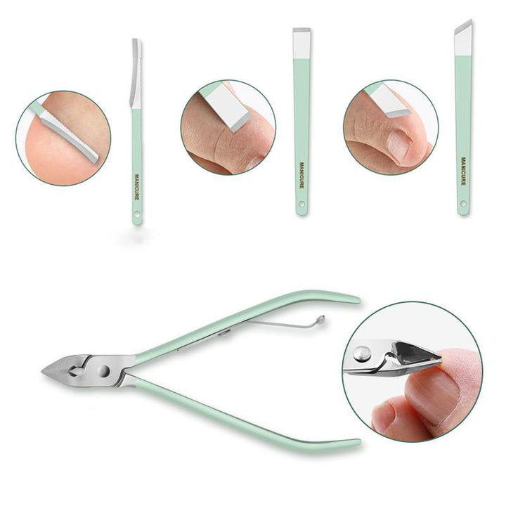 "Multifunktionell bärbar nagelklippare set i rostfritt stål, i gul, rosa, grön och blå, med elegant PU-läderfodral."