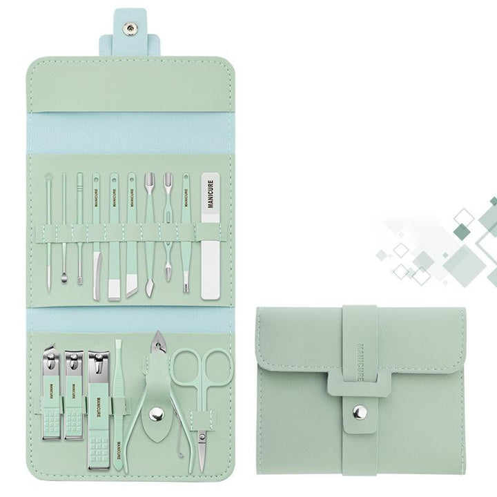 "Multifunktionell bärbar nagelklippare set i rostfritt stål, i gul, rosa, grön och blå, med elegant PU-läderfodral."