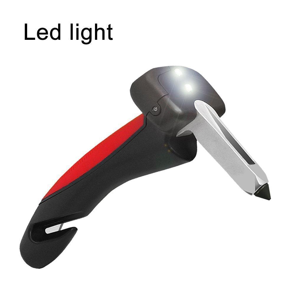 "Multifunktionell bilnödhammare med bältesskärare & LED-ljus, kompakt design, aluminium, säkerhet för bilresor."