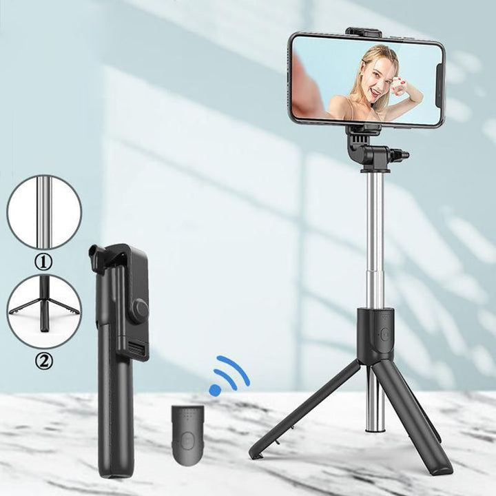 "Multifunktionell Bluetooth-fjärrkontroll Selfie-hållare med stativ och inbyggt fyllningsljus för enkla och stiliga selfies."