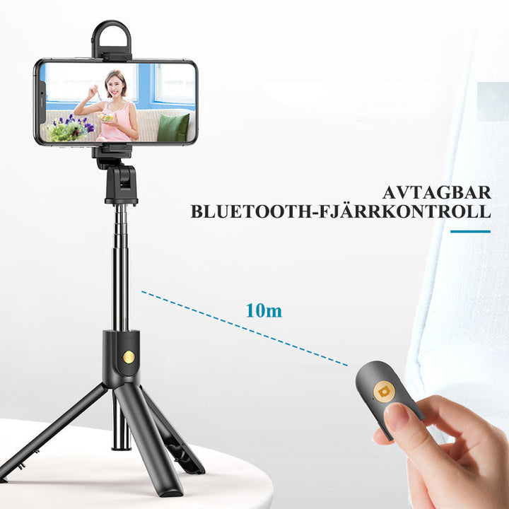"Multifunktionell Bluetooth-fjärrkontroll Selfie-hållare med stativ och inbyggt fyllningsljus för enkla och stiliga selfies."