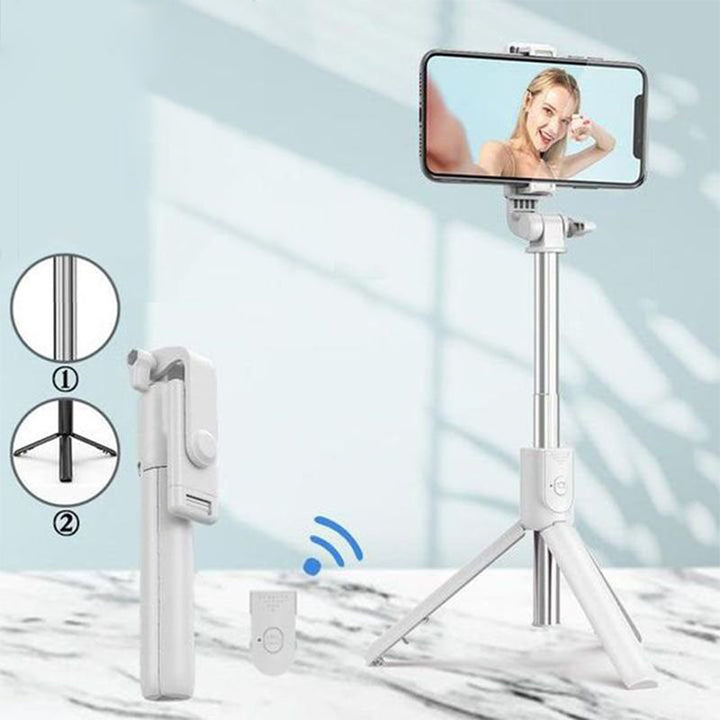 "Multifunktionell Bluetooth-fjärrkontroll Selfie-hållare med stativ och inbyggt fyllningsljus för enkla och stiliga selfies."