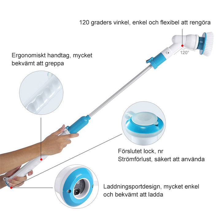 "Multifunktionell elektrisk rengöringsborste med justerbart skaft, flera borsthuvuden och vattentålig design för enkel städni