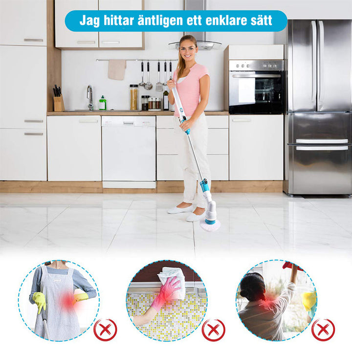 "Multifunktionell elektrisk rengöringsborste med justerbart skaft, flera borsthuvuden och vattentålig design för enkel städni