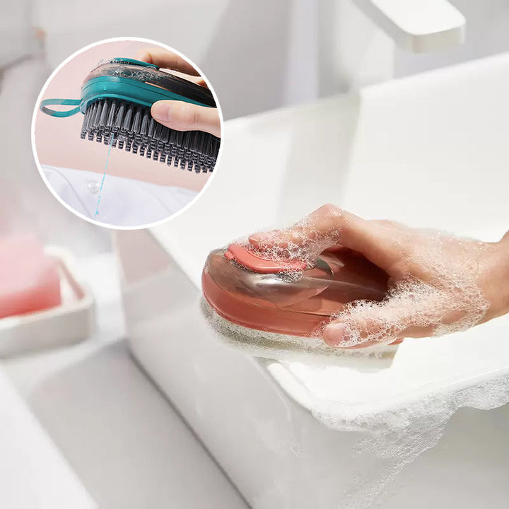 Multifunktionell ergonomisk rengöringsborste i ABS-plast med bekvämt grepp och vätskedispensersystem för köket.