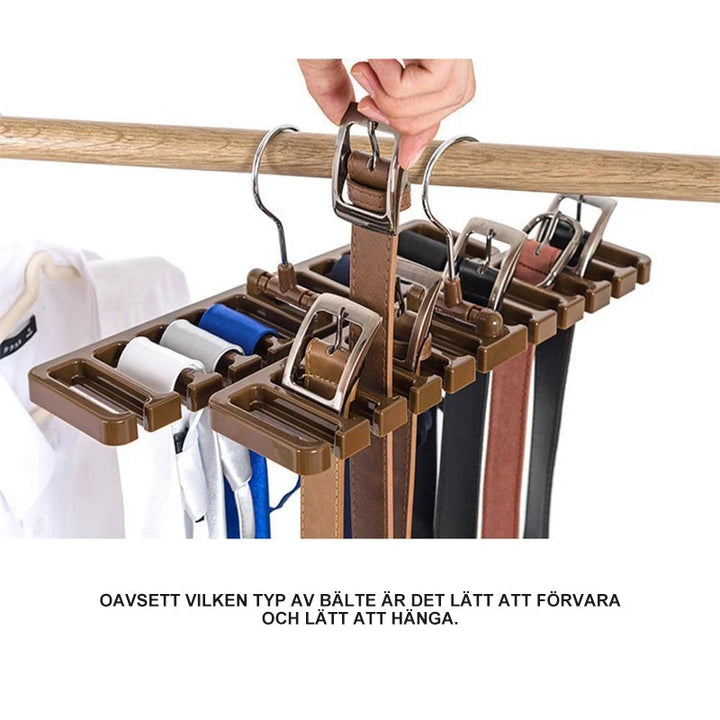 Multifunktionell garderobshängare för bälten och tillbehör, ABS-material, brun, svart och vit, roterbar krok, halkfri kant.
