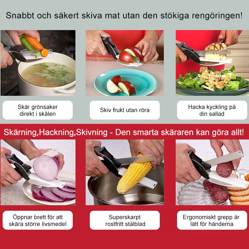 "Multifunktionell grönsaksax med rostfritt stålblad och svart handtag, inbyggd skärbräda för enkel skärning av mat."