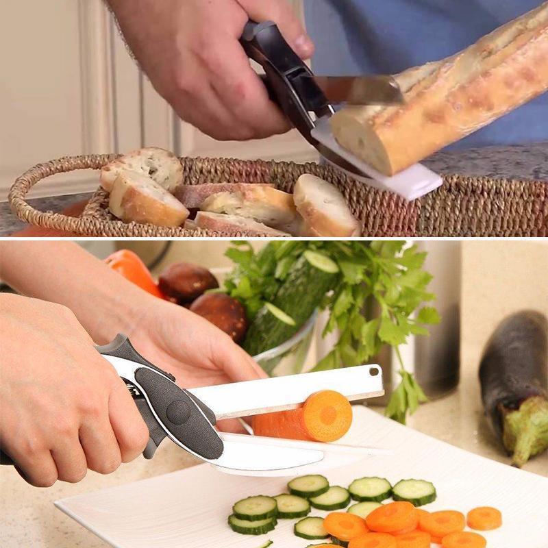 "Multifunktionell grönsaksax med rostfritt stålblad och svart handtag, inbyggd skärbräda för enkel skärning av mat."