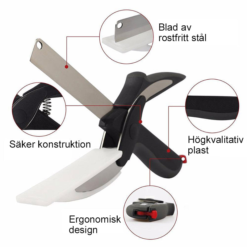 "Multifunktionell grönsaksax med rostfritt stålblad och svart handtag, inbyggd skärbräda för enkel skärning av mat."