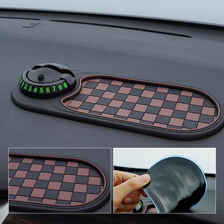 "Multifunktionell halkfri bilmatta med mobilhållare, stilren grå design, perfekt för ordning och säkerhet i bilen."