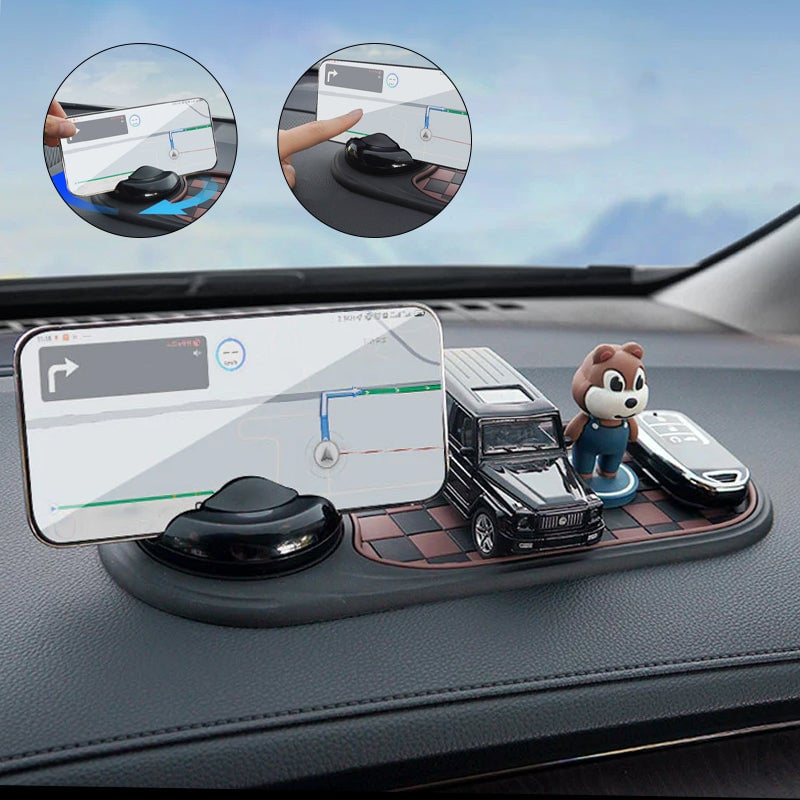 "Multifunktionell halkfri bilmatta med mobilhållare, stilren grå design, perfekt för ordning och säkerhet i bilen."
