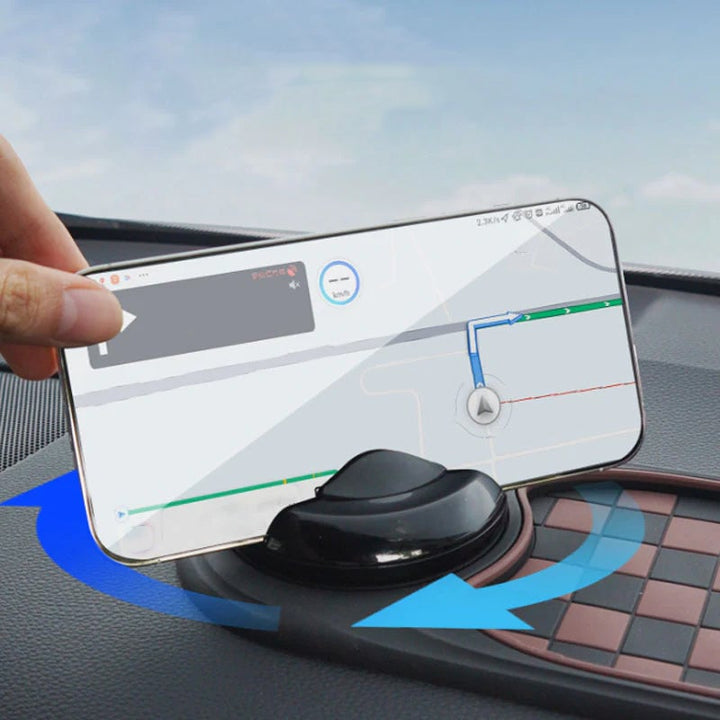 "Multifunktionell halkfri bilmatta med mobilhållare, stilren grå design, perfekt för ordning och säkerhet i bilen."