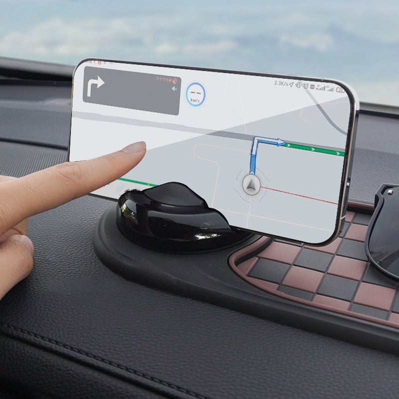 "Multifunktionell halkfri bilmatta med mobilhållare, stilren grå design, perfekt för ordning och säkerhet i bilen."