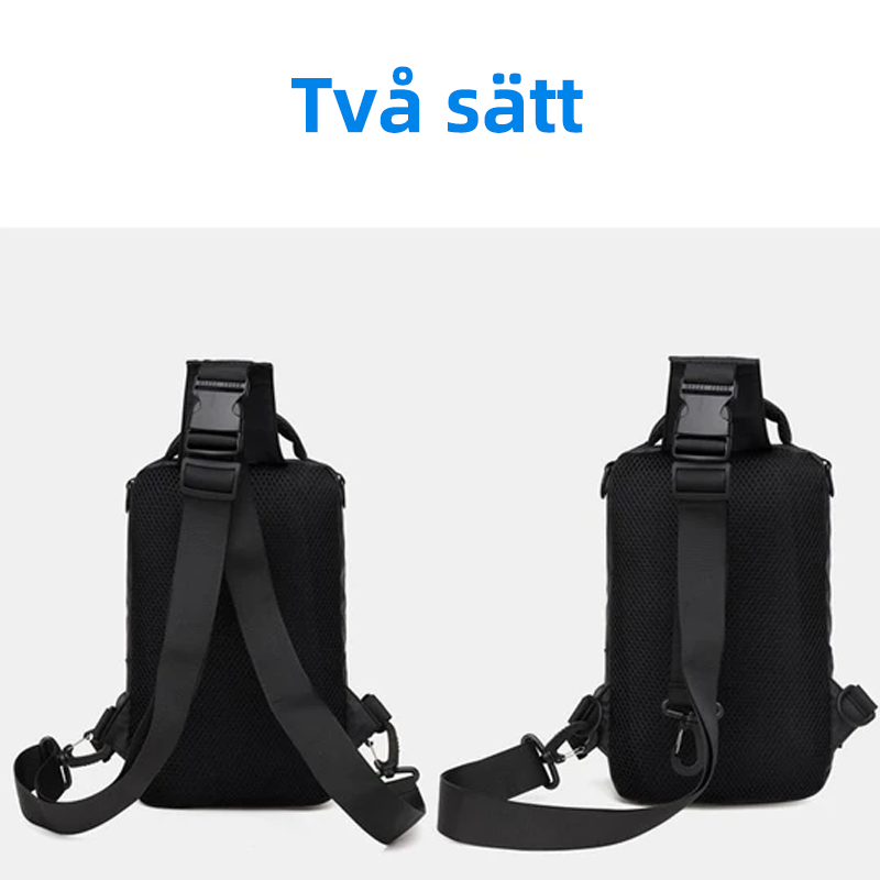 "Multifunktionell herrbröstväska i vattentätt tyg med exteriör laddningsport, eleganta fickor, idealisk för vardagsbruk."