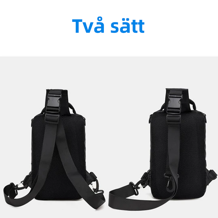 "Multifunktionell herrbröstväska i vattentätt tyg med exteriör laddningsport, eleganta fickor, idealisk för vardagsbruk."