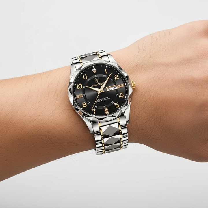 Närmare bild av SportChrono kronograf-knappar, vattentålig herrklocka med digital-analog display.