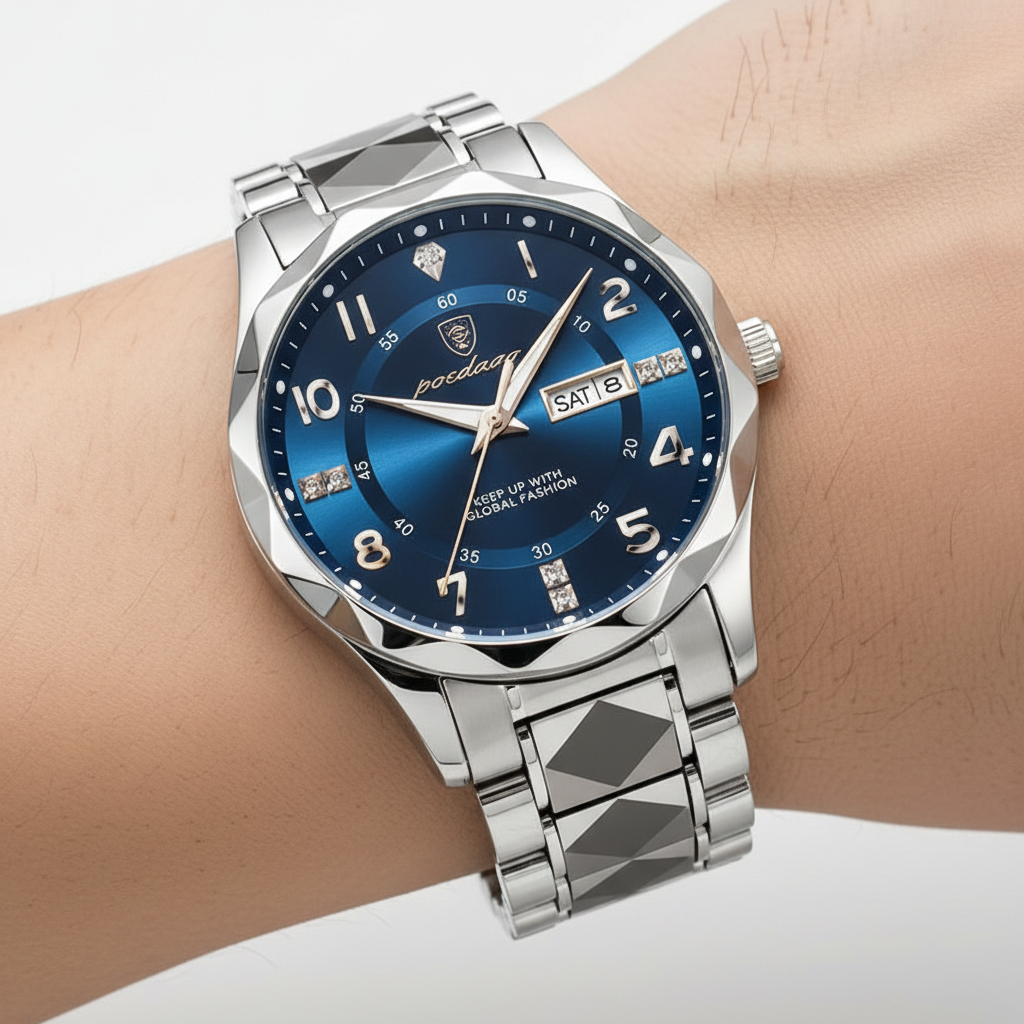 Stilren SportChrono herrklocka med digital-analog display, vattentålig & bekvämt stålarmband.