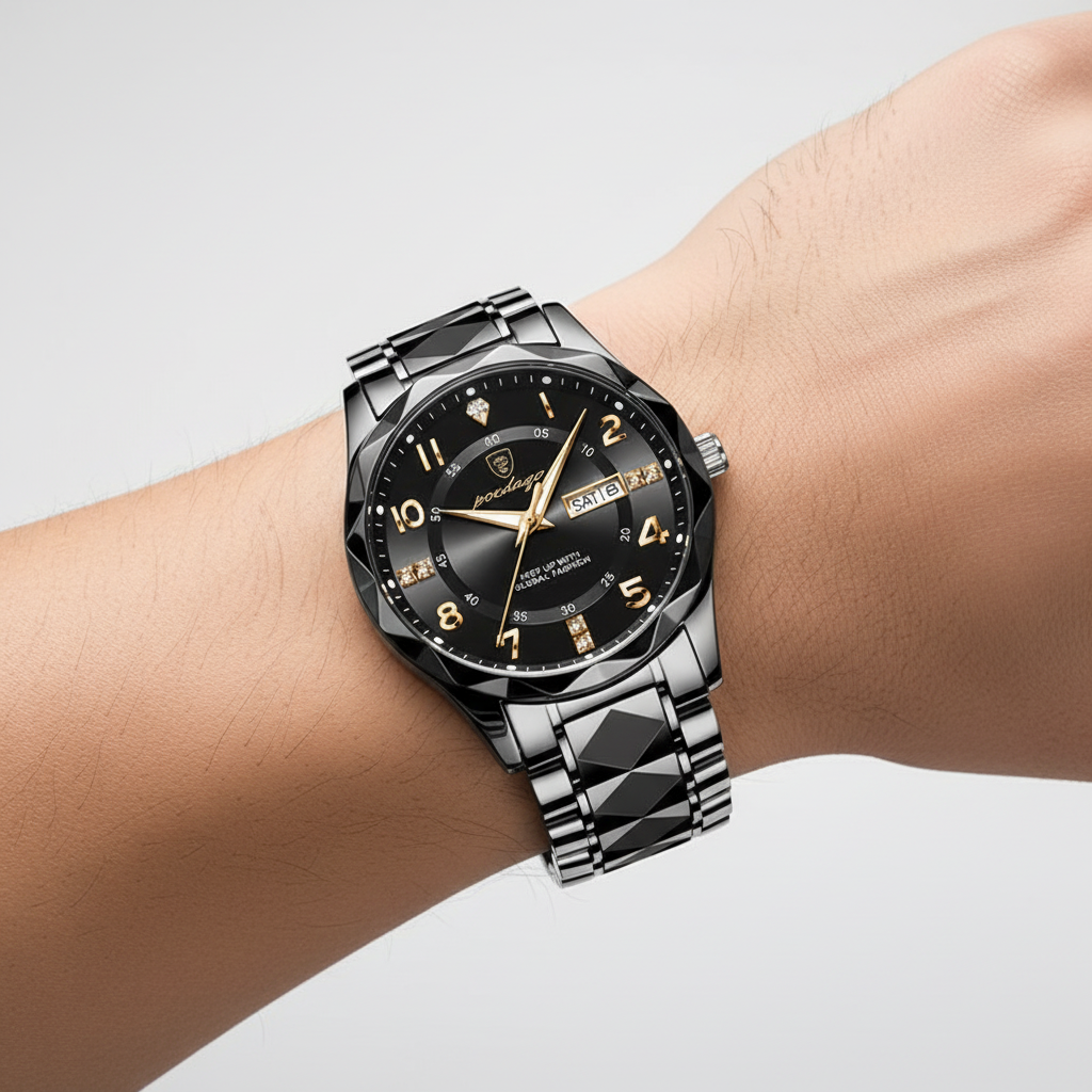 SportChrono herrklocka med kronograf, vattentålig design & robust stålarmband.