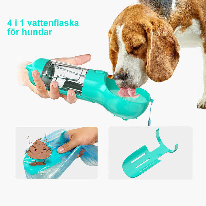 "Multifunktionell husdjursflaska, bärbar design i blått, förhindrar spill, perfekt för promenader och resor."
