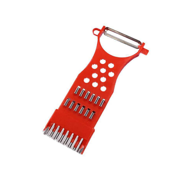 "Multifunktionell köksskalare 5-i-1 med rostfritt stålblad, ergonomisk design, perfekt för skala och skära frukt och grönsake
