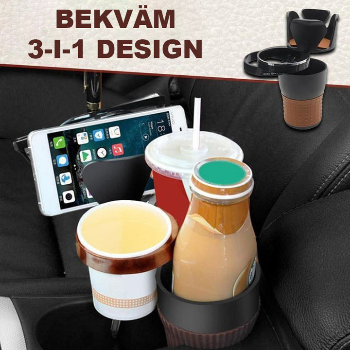Multifunktionell kopphållaradapter för bilar, svart design, 360° rotation, förvarar drycker och tillbehör organiserat.