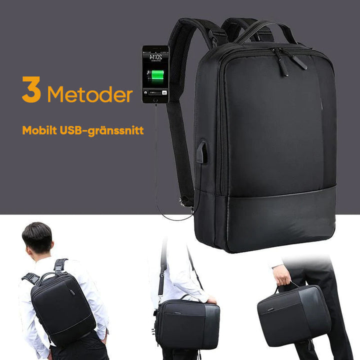 "Multifunktionell laptopryggsäck för män med USB och stöldskydd, stilren och säker i vattenavvisande polyester."