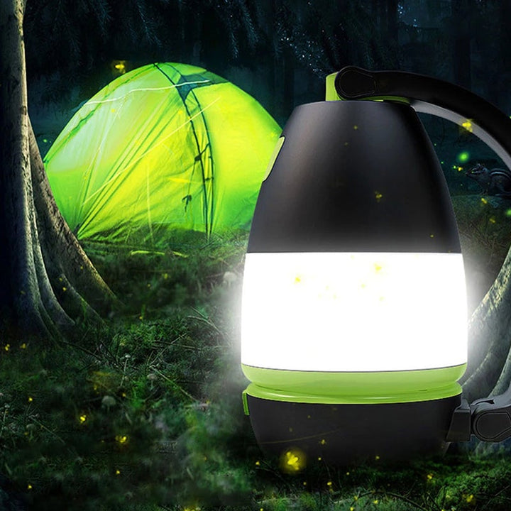 "Multifunktionell LED-uppladdningsbar campinglampa i röd, grön, blå, handhållen lyktor och bordslampa, 360° rotation."