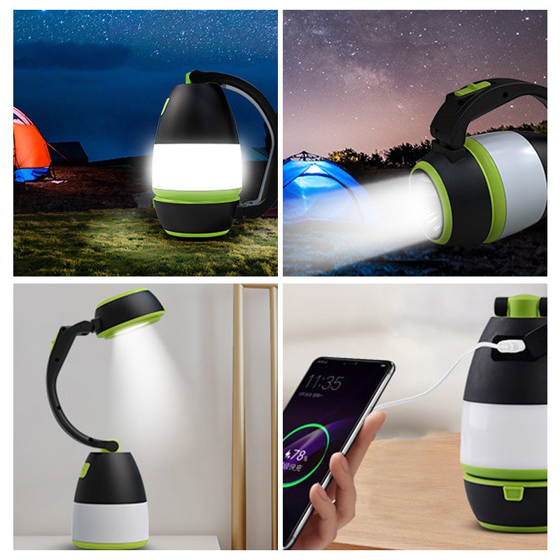 "Multifunktionell LED-uppladdningsbar campinglampa i röd, grön, blå, handhållen lyktor och bordslampa, 360° rotation."
